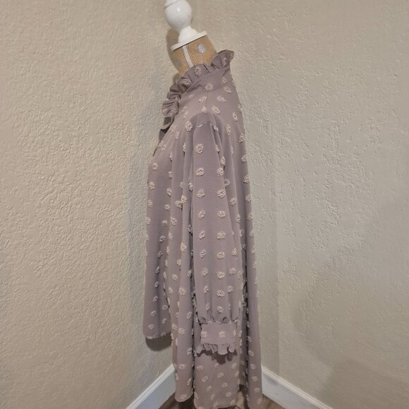 Sew Modest Lilac Swiss Dot Button Up High Low - Picture 2 of 3